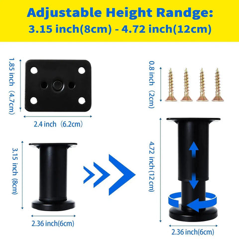 Heavy Duty Adjustable Furniture Support Legs Set, 4 Pack With Screws, Height Range 3.15 To 4.72 Inches, Black, dimensions diagram
