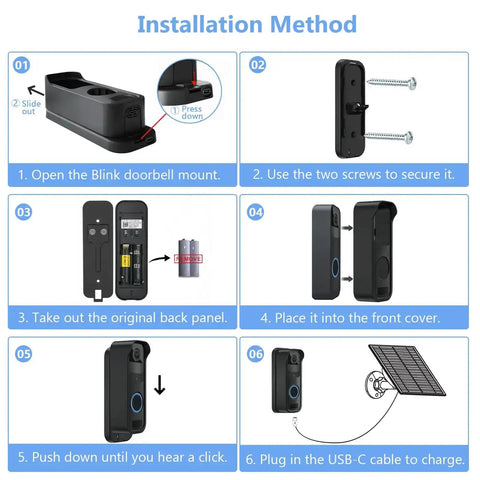 Installation method for 2W Solar Panel Charger For Blink Doorbell With USB C 5V Output, IP65 Waterproof Outdoor Solar Power Kit.