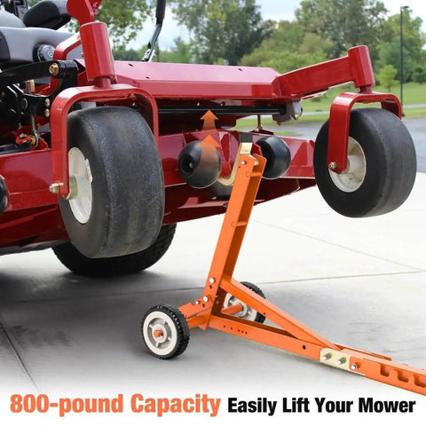 800 Lb Lawn Mower Lift With Mechanical Lift And Safety Arm, Stable Jack in use lifting a riding mower, durable orange steel