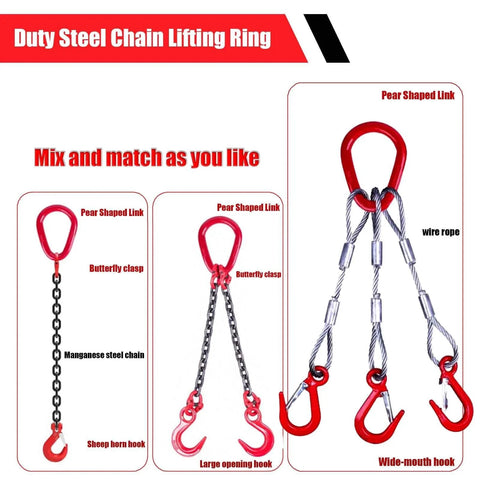 Pear Shaped Lifting Link Forged G80 Alloy Steel Teardrop Design with attached chain and hooks for heavy rigging