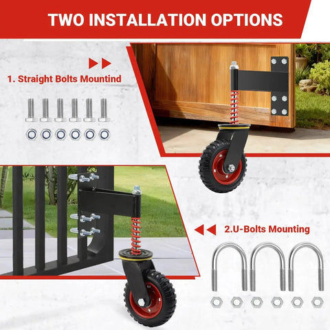 6 Inch Heavy Duty Gate Wheel With 500 Lbs Capacity For Metal Tube And Wooden Gates 360 Degree Swivel Spring Loaded Gate Caster Wheels Dual Mount Options Straight And U Bolt For Easy Installation And Long Lasting Performance installation options