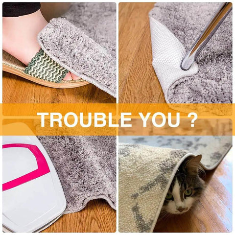 Four images showing rug issues on hardwood floors with text overlay. Vacuum Tech Rug Pad Gripper For Hardwood Floors No Damage.