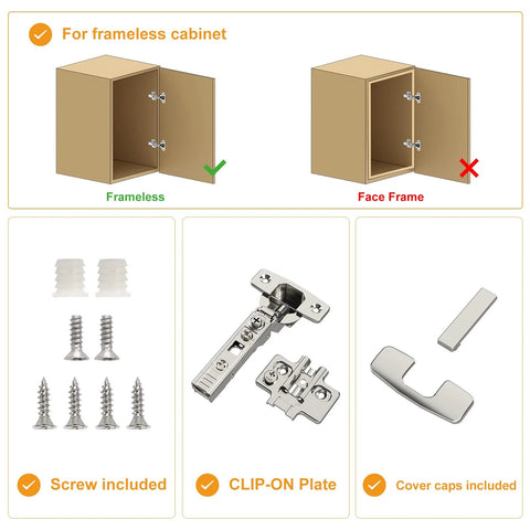 Chibery 10-pack frameless cabinet hinges, satin-nickel, soft-close concealed European hinges with clip-on plates and screws