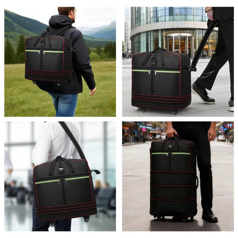 Foldable Duffle Bag With Wheels Large Expandable Travel Duffle Waterproof Collapsible Luggage Carry On with Handle Black