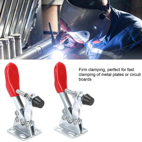 Horizontal Toggle Clamps Set With 66 Lb Holding Capacity And Rubber Pressure Tip For Woodworking Jigs And Fixtures Welding Drill Press And Crosscut Sled Projects Rock Solid Heavy Duty Clamp System shown with welder in background