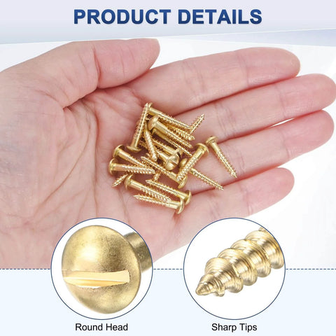 Hand holding M METERXITY 20-Pack Wood Screws, M3 x 18mm Brass Slotted Round Head Self-Tapping Screw Indoor Fasteners.