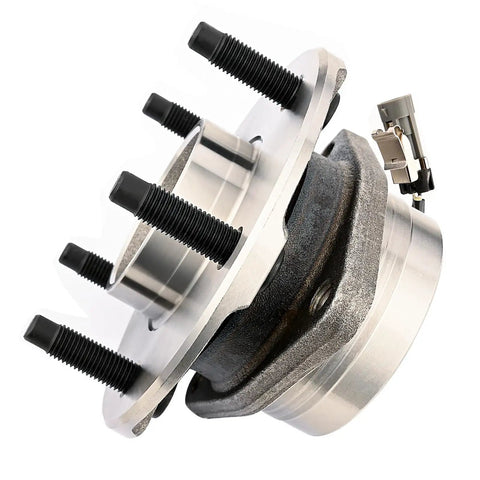 Front Wheel Bearing And Hub Assembly For 2005-2006 Chevy Equinox, 2006 Pontiac Torrent, And 2002-2007 Saturn Vue 5 Lug With ABS Sensor, OE 513189 Compatible Replacement, Easy Bolt-On Install, Premium Hub Assembly, close-up view of silver assembly with black bolts and ABS sensor connector, highlights 5-lug pattern.