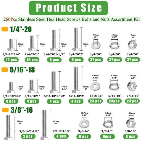 Stainless Steel Hex Bolts Nuts And Washers Kit 260 Piece Set With Flat And Lock Washers Case Included For 1/4-20 5/16-18 And 3/8-16 Full Thread Heavy Duty Hardware DIY Projects size chart