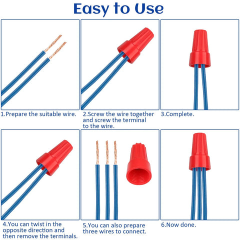 180 PCS wire connectors set; six-panel infographic showing blue insulated wires and red twist caps.