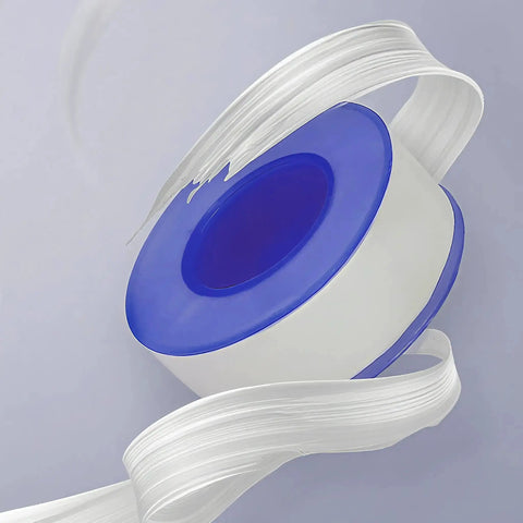 PTFE Plumbers Tape Two Pack 0.5 Inch Wide Teflon Tape for pipe thread sealing, with visible white roll and blue core, used for plumbing connections.