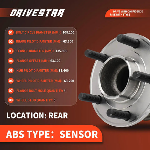 Pair Wheel Hub And Bearing Assembly For Ford Focus 2012 2013 2014 2015 2016 2017 2018 Rear Left And Right 5 Lug With ABS 512466