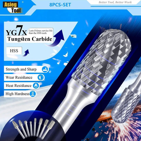 Close-up of 8 Piece Carbide Burr Set With 1 Quarter Inch Shank Double Cut Tungsten Carbide Rotary Files for die grinder metalworking.