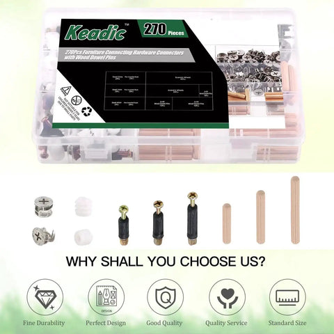 270 Piece 3 In 1 Cam Lock Nuts And Wood Dowel Pins Set For Cabinets Drawers Wardrobes And Furniture Panels Includes Connectors Nuts Bolts Screws And Fasteners In Silver in a transparent plastic box