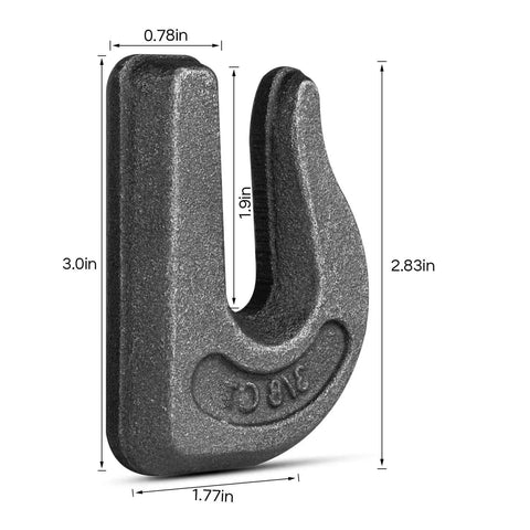 Close-up of 4 Pack Three Eighths Inch Weld-On Chain Hooks Grade 70 Forged Tow Hooks For Trailers Trucks Rigging 6600 Lbs with dimensions.