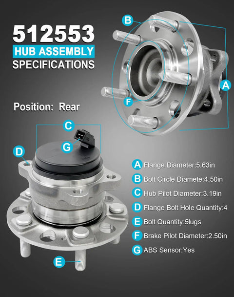 Rear Wheel Bearing Hub Assembly 2 Piece Set With ABS And 5 Lugs Direct Fit For Hyundai Sonata 2015 To 2019