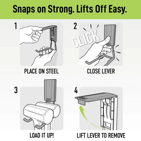 4 Inch Open Magnetic Hooks Set For Steel Surfaces Heavy Duty 25 Pound Hold With Patented Easy Release And Non Slip Grip Ideal Storage And Organization For Garage Shed Home Cleaning Tools 3 Pack installation diagram