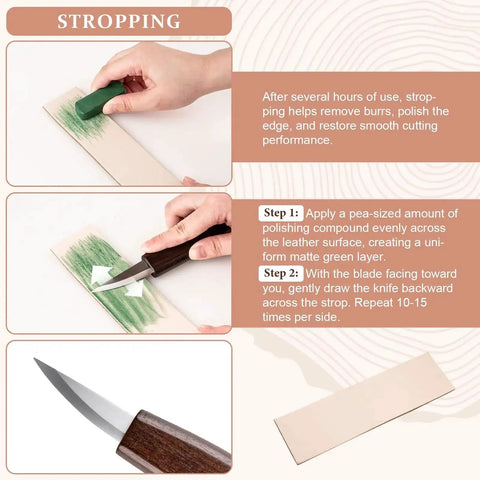 Instructions for using leather strop and polishing wax in Beginner Friendly Wood Carving Kit Dope 10 Piece Set With 4 Carving Knives And 6 Chisels Wood Whittling Starter Kit For DIY Hobby Projects Includes Leather Strop And Polishing Wax.