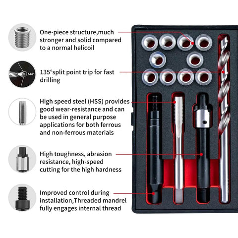 Pro Grade M8x1.0 Thread Repair Kit With Stainless Steel Inserts, HSS Drill, Tap, Counterbore, Installation Driver shown in packaging