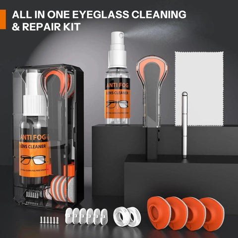 8 In 1 Glasses Cleaning Kit With Anti Fog Spray Cleaner Tool And Cloths displayed with components