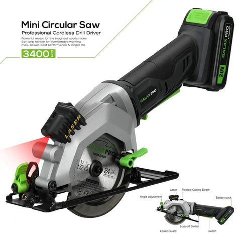 Tiny But Mighty 20V Cordless Mini Circular Saw With Laser Guide, Rip Fence, And Dual Blades for precise cuts, side view