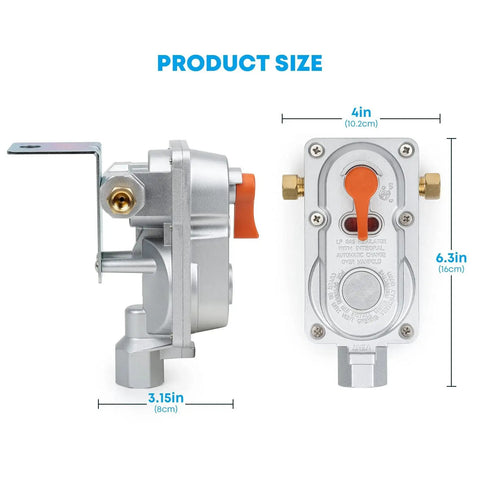 Two Stage Auto Changeover Propane Regulator for Campers RVs and Trailers with dimensions shown in side and front views.