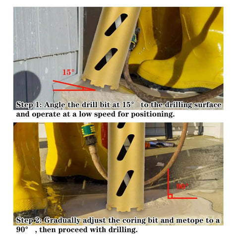 Pro Grade Dry Core Drill Bit for Concrete and Masonry, 2 Inch Diameter, 13 Inch Drilling Depth in use with yellow boots