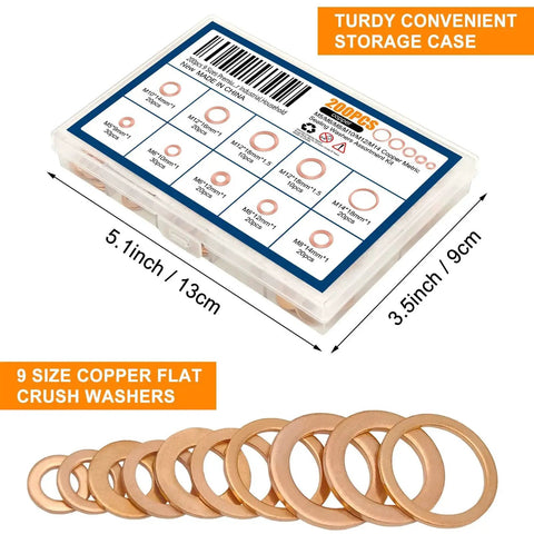Pro Grade Copper Crush Washer Set 200Pcs Nine Sizes Metric Sealing Washers Assortment Kit M5 M6 M8 M10 M12 M14 in storage case