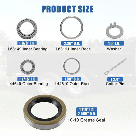 Four Pack 3500 Pound Trailer Axle Bearing Kit With L68149 And L44649 Bearings And L68111 And L44610 Races Plus 171255TB 10 19 Grease Seals For 84 Spindle Fits 1 16 Inch To 1 38 Inch Trailer Axles Heavy Duty Hub Replacement For Boats Campers And Trailers showing product size diagram