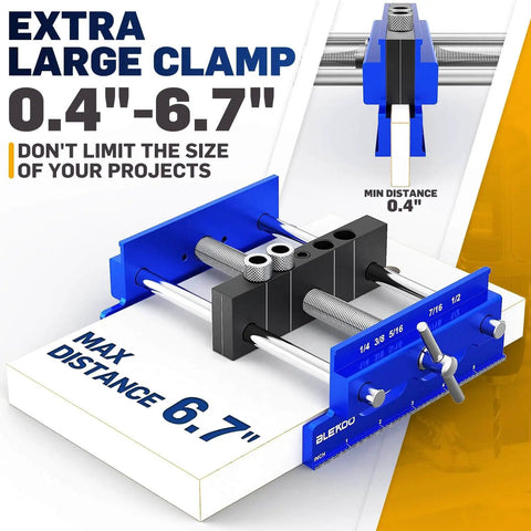 Upgraded 6.7 Inch Self Centering Doweling Jig Kit For Precise Panel Furniture Holes Drill Jig With 6 Guide Bushings Adjustable Width Drilling Guide For Power Tools Easy Setup And Accurate Jointing Pro Grade DIY Friendly, showing extra-large clamp with adjustable width of 0.4 to 6.7 inches.