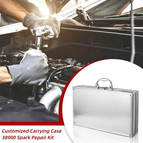 Mechanic using Two Valve Spark Plug Thread Repair Kit For Ford Triton 4.6L 5.4L 6.8L SOHC with carrying case shown