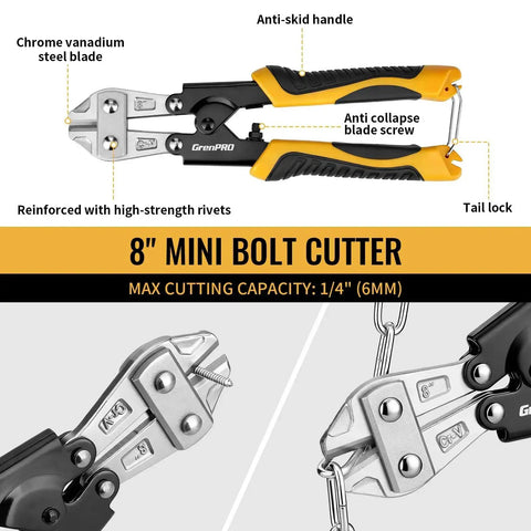 8 Inch Mini Bolt Cutter with anti-skid handle and Cr V blade for Three Piece Bolt Cutter Set With 14 Inch Heavy Duty Bolt Cutter, 8 Inch Mini Bolt Cutter, And 8 Inch Cable Cutter In Carrying Bag, Cr V Blade For Metal Locks Chains And Cable Cutting Tools