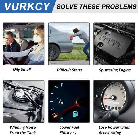 Collage showing vehicle issues like oily smell, difficult starts, sputtering engine, whining noise, lower fuel efficiency, lost power.