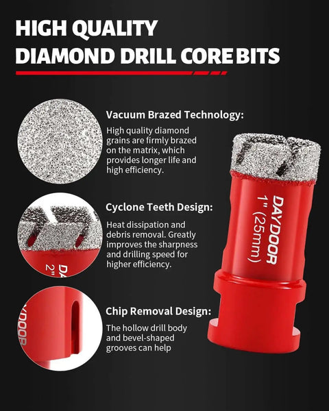 1-inch diamond core bit with brazed technology from Diamond Hole Saw Kit For Tile And Stone 11 Piece Vacuum Brazed Core Bit Set.