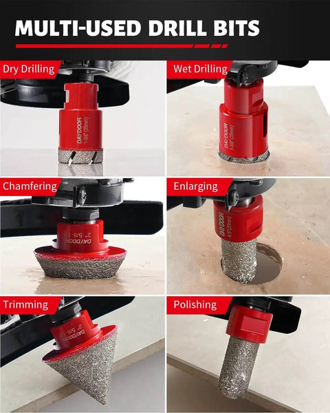Multi-use drill bits in action for dry, wet drilling, chamfering, enlarging, trimming, and polishing tile and stone surfaces.