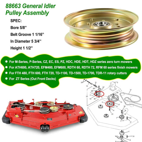 Universal Idler Pulley Assembly Replacement Kit For Bush Hog Finish Mowers Rotary Cutters And Zero Turn Mowers shown with specifications