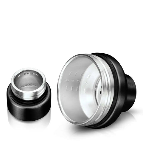 Paragon Vacuum Insulated Cocktail Shaker lid with Built In Strainer, stainless steel, close-up view of measurement markings and seal