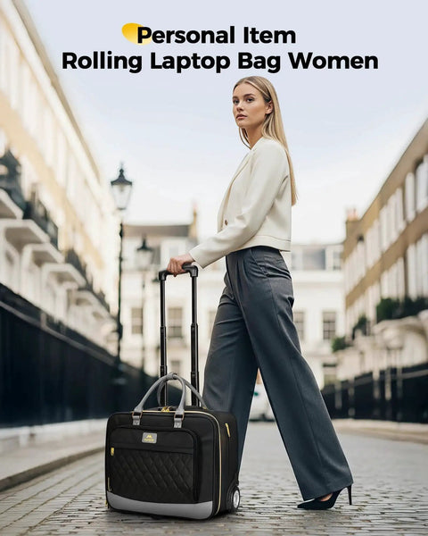 Woman with Underseat Rolling Briefcase For Travel And Work, Airline Approved Personal Item With Wheels by Matein on street
