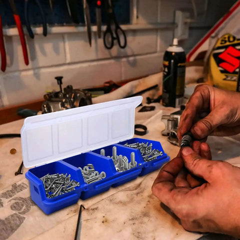 Open blue toolbox style storage case showing four compartments with screws and bolts, part of 12 Pack Screw Organizer Boxes With Lids.