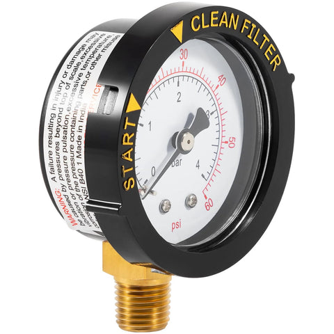Manual air relief valve with pressure gauge, top-mount, brass threaded outlet, black body, pool filter valve