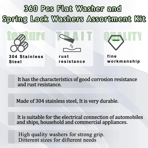 360-Pcs flat and spring lock washer set; 7 SAE sizes; 304 stainless steel, rust-resistant for bolts