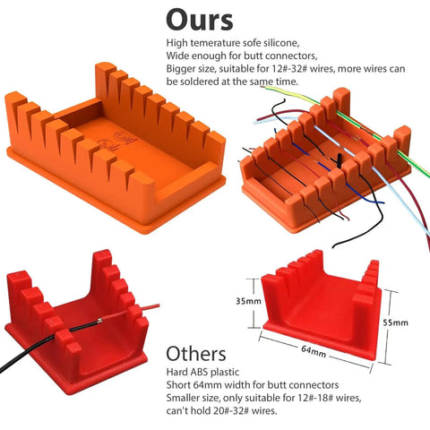 Orange silicone soldering wire holder with 8 slots, 64mm width, and anti-slip base, for 32 AWG to 12 AWG wire welding fixture.
