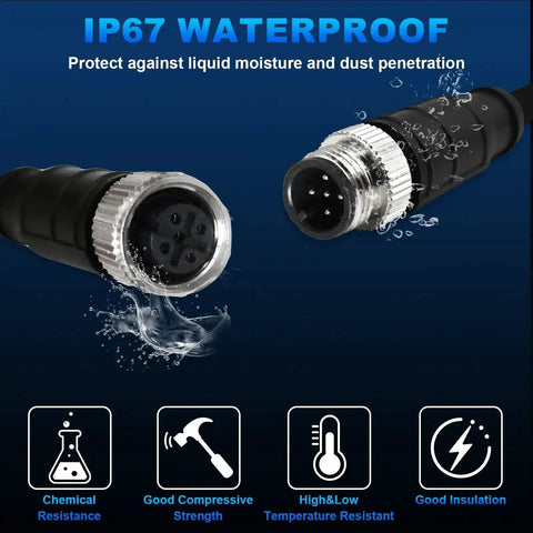 6.6Ft M12 A Code 5 Pin Male To 5 Pin Female Waterproof Connector Cable for Aviation Sensors, showcasing IP67 protection against water and dust.