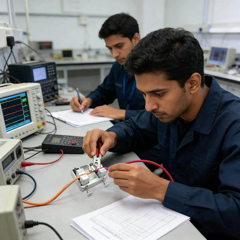 Technician using Adjustable Heavy Duty Soldering Jig For Circuit Board Mounting And Welding, electronics lab setting.