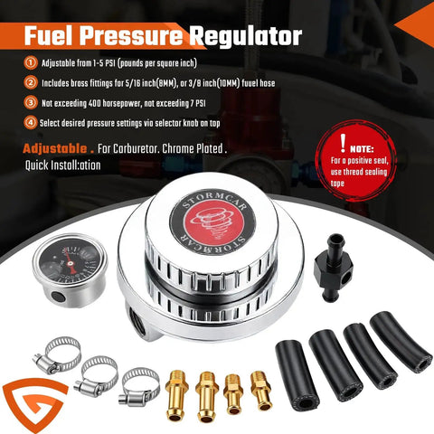 Universal Fuel Pressure Regulator Kit With 0-15 PSI Gauge And Adjustable 1-5 PSI Dial For Carburetor And Fuel Pump Plus Carburetor Fuel Block Upgrade For Precise Fuel Delivery And Smooth Throttle Response