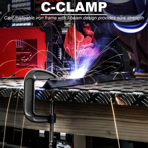 Beefy 4 Inch Malleable Iron C Clamp Set 4 Pack Heavy Duty G Clamp in use for metal welding on a workbench