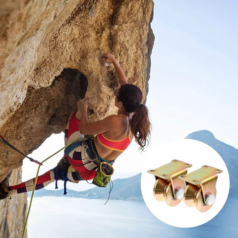 Woman climbing rock face with inset image of Heavy Duty V Type Groove Wheel Pulley Block for Sliding Gates and Industrial Doors 50 Volt Track Roller Set of Two Durable Steel Pulleys for Courtyard Gates Rolling Shutters Terrace Doors and More