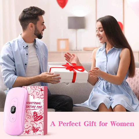 Couple exchanging gifts with Cordless Heating Pad For Period Cramps With 6 Heat Levels And 6 Vibration Modes, ideal Mother’s Day gift