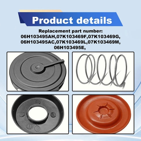 Pleoos PCV valve diaphragm cover repair kit, 4-piece set: grey diaphragm cover, metal coil spring, black base plate, red diaphragm.
