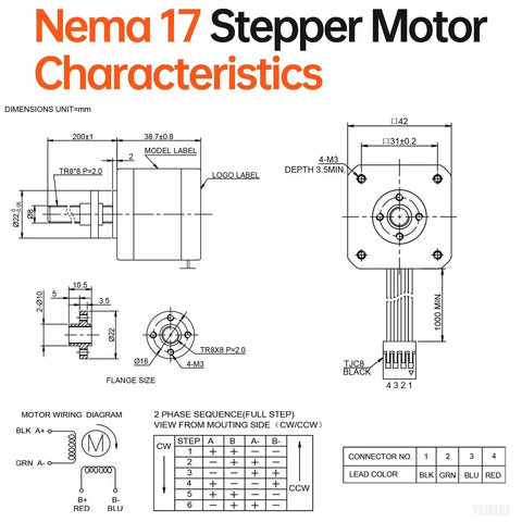 Diagram of Nema 17 Stepper Motor With TR8x8 Lead Screw 200mm For 3D Printer CNC Robot DIY Projects details and dimensions.