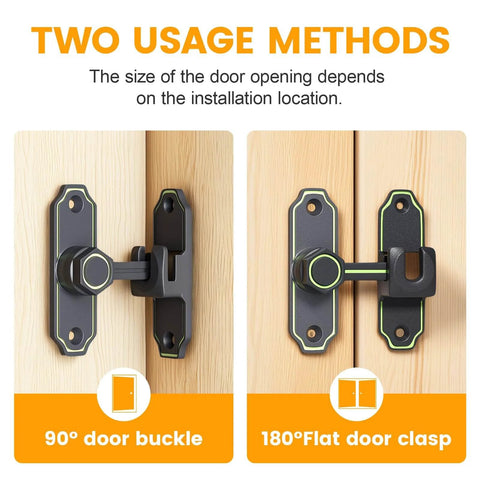 Glow In The Dark Barn Door Lock With 90 Degree Flip Latch, Safety Bolt For Sliding Doors In Bathroom Garden Garage And Pet Cage, Luminous Hardware Black 1 Pack in two usage methods on wood panel